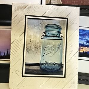 5×7 Original Photo print- Vintage Ball Jar mounted on 8×10 whitewash Woodplank